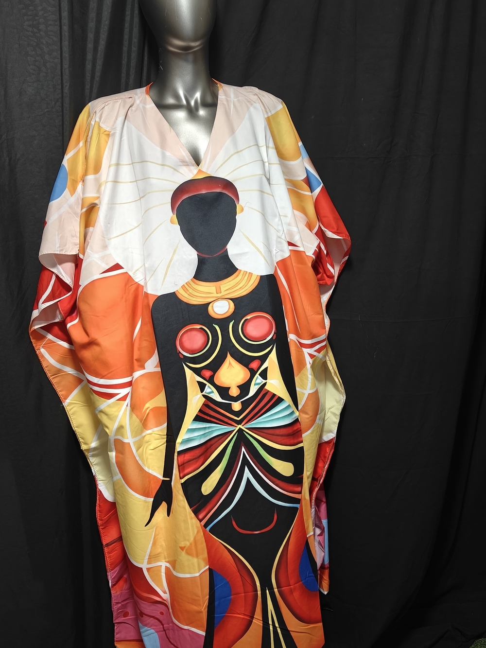 Vibrant Goddess Print Maxi Caftan - Bold Multicolor
